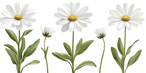 Set of White Daisies with Leaves