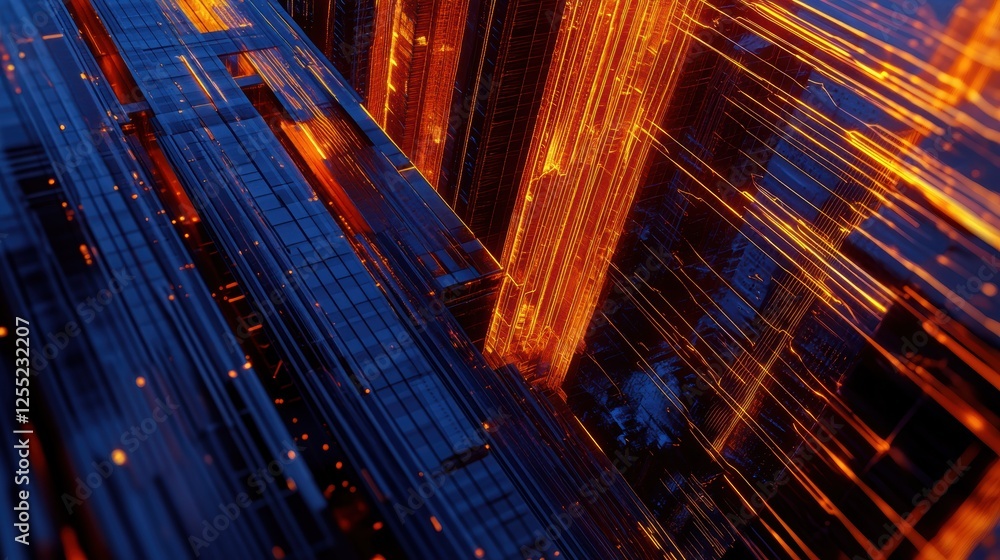 Poster digital landscape with glowing lines and abstract data streams illustrating technology innovation an