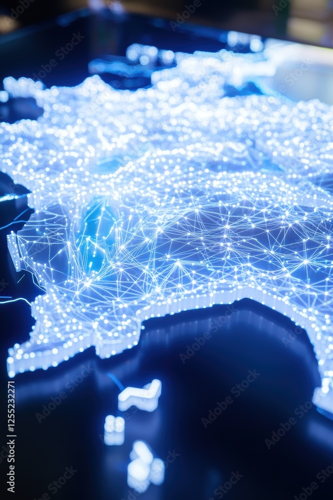 Poster digital map of europe with glowing connections highlights technology, network infrastructure, and da