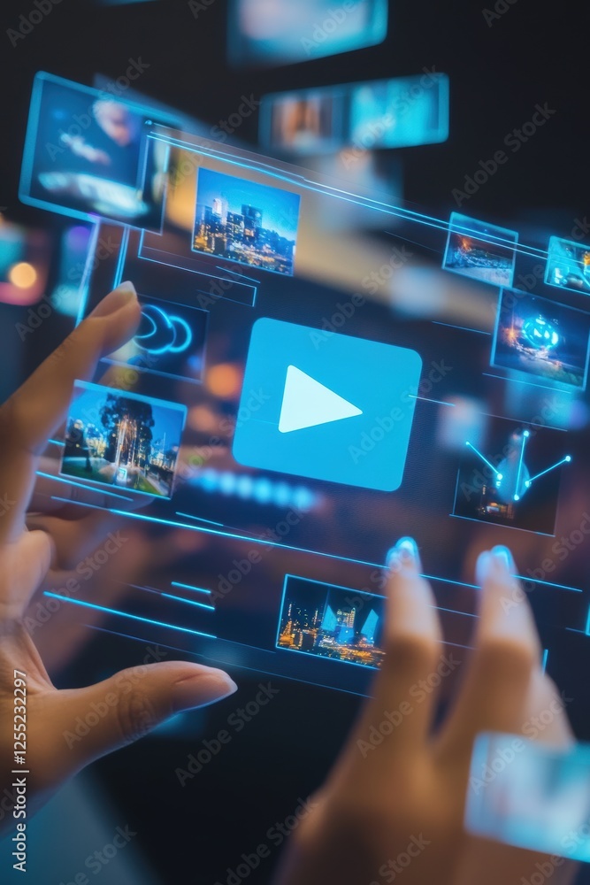 Poster digital media exploration with hands interacting with virtual play button, highlighting technology-d