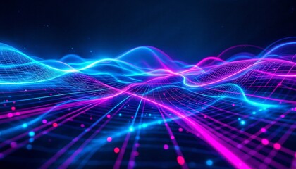 Fototapeta premium Illuminated Data Waves Dynamic Grid Pattern in Cyberpunk Colors
