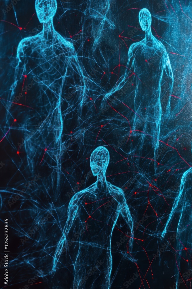 Poster digital representations of human figures in a networked environment showcasing technology, holograms