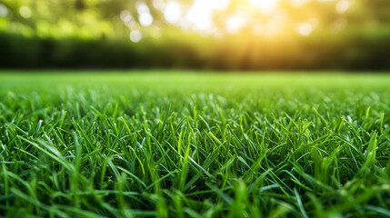 Naklejka premium Sunlit green grass background with soft focus with bright sun rays and negative space for natural and eco-friendly designs