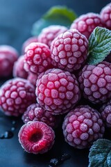 Close-up of fresh frozen raspberries with frost on leaves and dark background