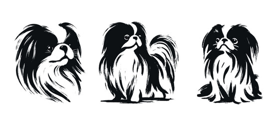 Minimalistic brushstroke icon set of Japanese Chin dog in bold lines