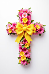 Floral Cross Arrangement with Pink and Yellow Flowers for Religious Decor. Easter concept