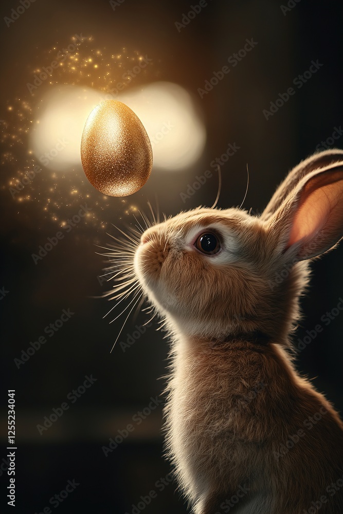 Poster in a tranquil setting, a delicate rabbit looks intently into a shimmering pool of gold. its reflecti