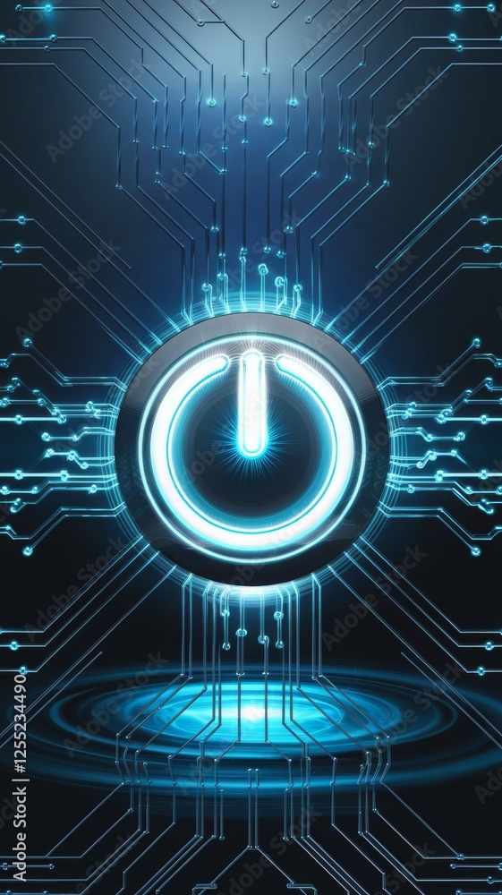 Fototapete digital glowing power button with circuitry pattern, symbolizing technology, energy, and innovation.