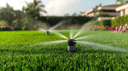 Automatic Sprinkler System in a Spacious Backyard with Green Grass and Beautiful Landscaping