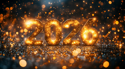 Bright New Year 2026 illustration with dazzling central text, shimmering sparkle, and festive glitter elements for holiday campaigns.