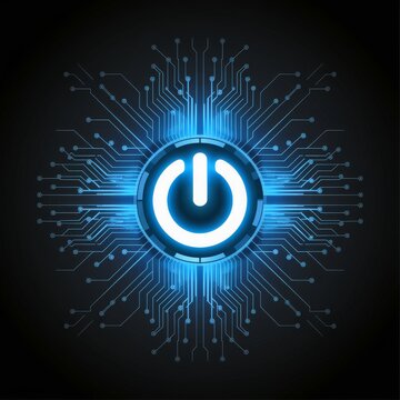Digital Glowing Power Button with circuitry pattern, Symbolizing Technology, Energy, and Innovation.
