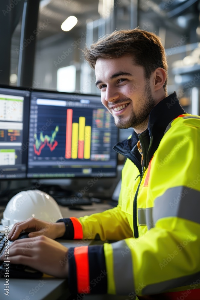 Poster engineer, smiling and working on computer with financial graphs in safety gear at modern industrial 