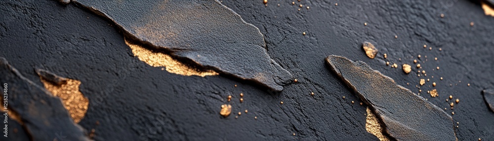 Poster black leather with a distressed texture is scattered with soft gold dust, offering a unique blend of