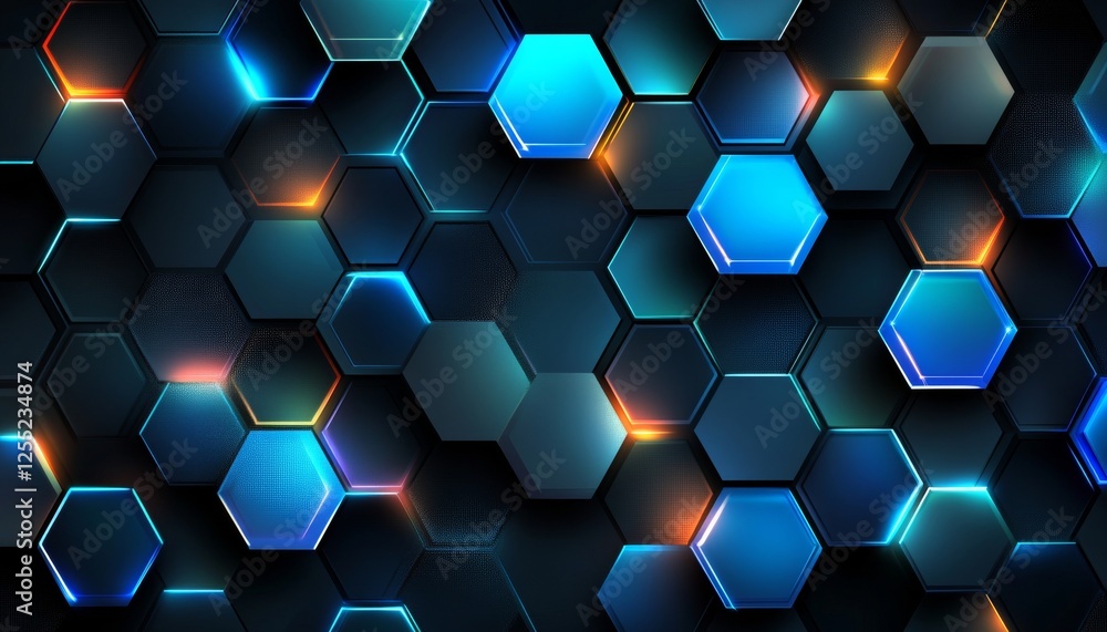 Poster abstract futuristic background, glowing neon blue hexagonal pattern with connecting lines