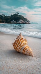 Intricate seashell on white sand with tranquil ocean background