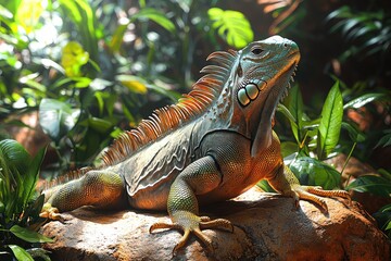Fototapeta premium Green Iguana Basking In Tropical Sunlight