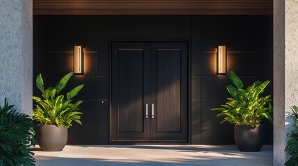 Fototapeta premium Entrance design featuring a modern front door with elegant lighting and decorative plants, creating a welcoming atmosphere for residential homes or properties.