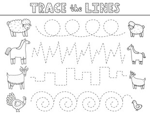 Trace lines black and white activity page with cute farm animals. Handwriting practice worksheet in outline for kids. Educational game for preschool. Vector illustration