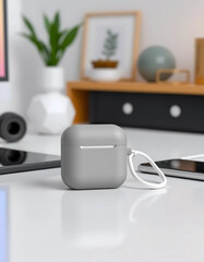  3D render of a customizable AirPods case with a blank surface, placed on a sleek desk next to a smartphone and charging cable.