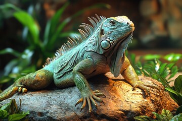 Fototapeta premium Green Iguana Resting On Rock In Lush Environment