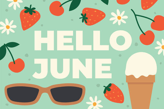 hello june text with ice cream, cherry, strawberry, sunglasses and flowers icon- vector illustration