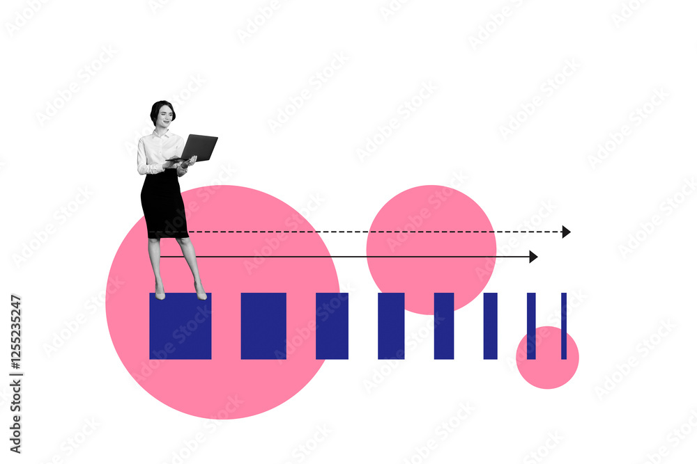 Aufkleber composite art 3d image collage of happy businesswoman hold laptop type arrow development chart succe