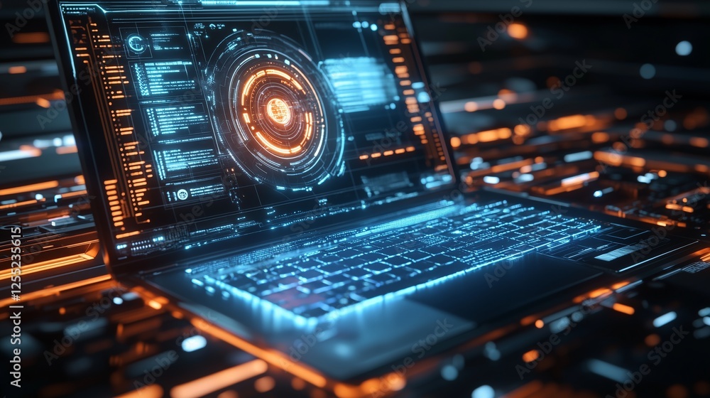 Poster open laptop with interactive hologram display