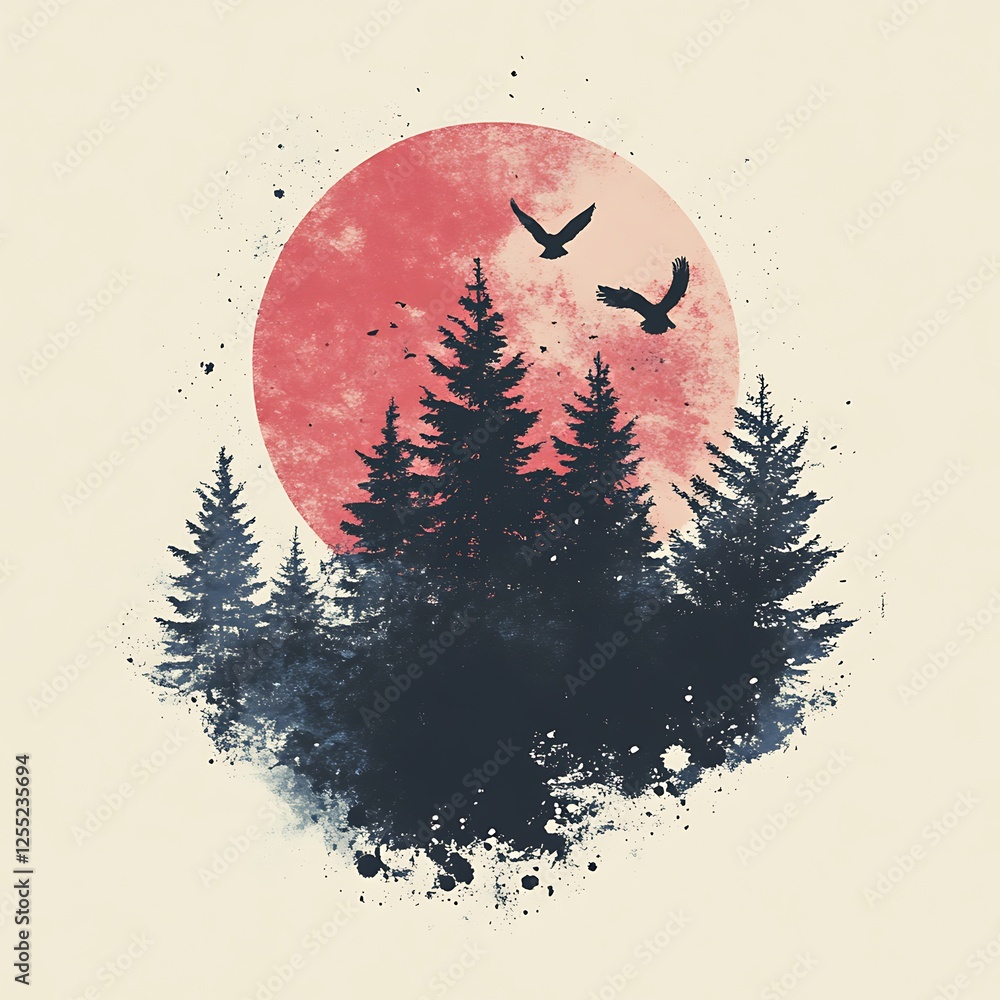 Poster abstract forest scene with red sun, artistic background, possible use print design, poster