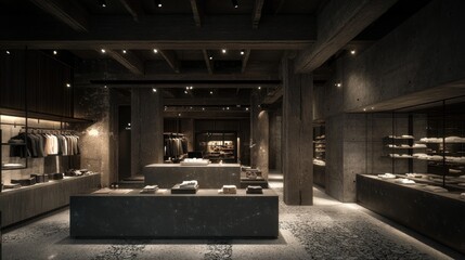Industrial-chic clothing store interior, city, dimly lit, retail display