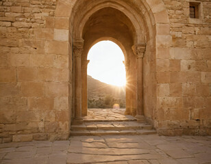 Obraz premium A majestic ancient stone archway bathed in warm sunlight, with soft shadows cast on the ground. The weathered stone textures and golden light create a sense of history and wonder.