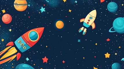Cartoon rockets and planets in space