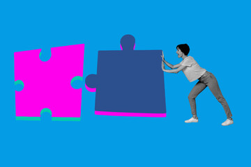 Exclusive art banner collage of happy businesswoman push puzzle icon connection plan finding development strategy segment