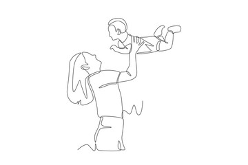 Mother lifts her child. Mother's day concept one-line drawing