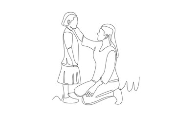Mother strokes her daughter's cheek. Mother's day concept one-line drawing