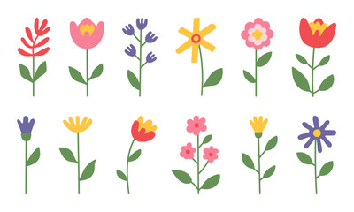 Flower collection in a simple, flat, childlike style. Colorful vector illustration.