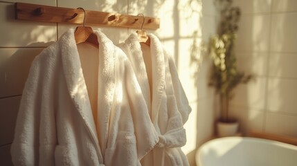 Two fluffy white bathrobes hanging on wooden pegs