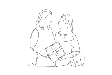 Child gives gift to mother. Mother's day concept one-line drawing