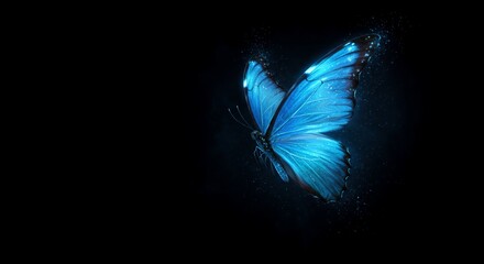 A beautiful blue butterfly shines brightly against a dark background