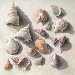 Collection of various seashells arranged together on light sandy background in a serene coastal environment