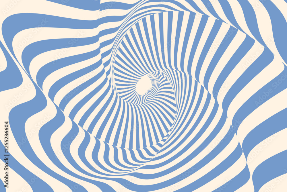 Poster abstract optical illusion background with blue and beige wavy lines creating a dynamic vortex effect