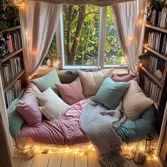 Cozy reading nook with soft pillows and warm lights inviting relaxation and comfort during an...