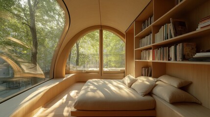 Modern, curved bedroom with large windows, lush trees visible, bookshelves.  Interior design inspiration