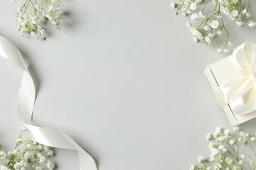 Top view photo with gypsophila flowers and gift box on gray background 