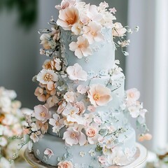 Beautifully designed three-tier wedding cake adorned with delicate flowers and soft pastel colors...