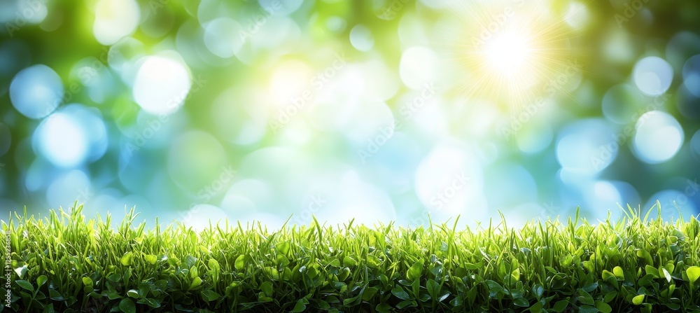 Poster lush green grass with sunlight and blurred bokeh of trees in spring. ideal for banner.