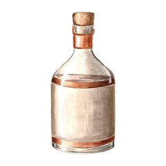 Glass bottle of rum with cork. Transparent vessel with alcoholic drink, cognac, whiskey. Magic potion or medicine, vegetable oil. Hand drawn watercolor illustration isolated. Food industry clipart.