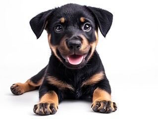 Fototapeta premium Adorable German Shepherd and other puppies in playful poses, perfect for pet-related content, advertising, greeting cards, or social media campaigns showcasing cuteness and companionship.