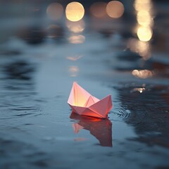 Floating paper boat illuminated at night on a rain-soaked surface creates a serene atmosphere