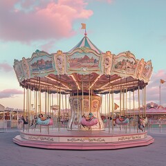 Colorful carousel at amusement park during sunset with pastel sky and glowing lights