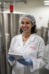Food safety technician in laboratory wearing protective gear while using tablet for monitoring processes in manufacturing facility and ensuring quality control standards.